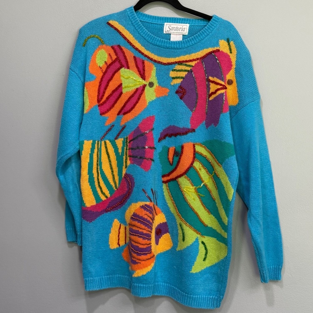 Santoria Vintage Beaded Tropical Fish Knit Sweater Blue Ramie Cotton Large